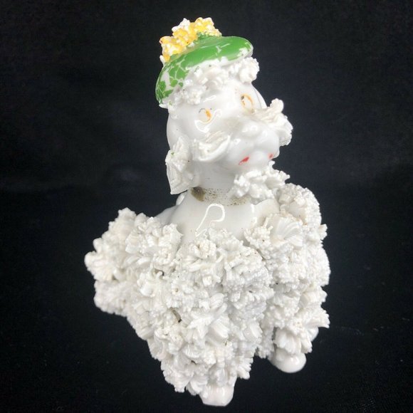 2 Vintage White Porcelain Spaghetti Poodle Dogs Wearing Green Beret Hat Figurine - Picture 8 of 12